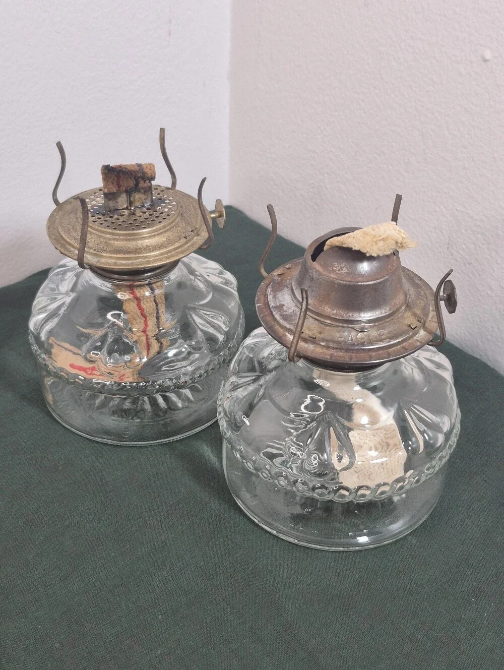 Pair of Vintage Glass Eagle Oil Lamps with Wicks
